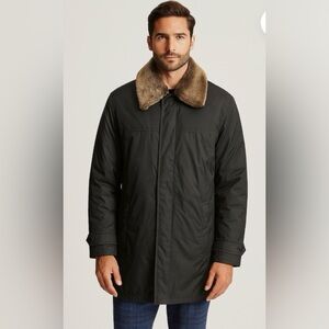 Marc New York Black Trench Coat with Brown Fur Collar size L